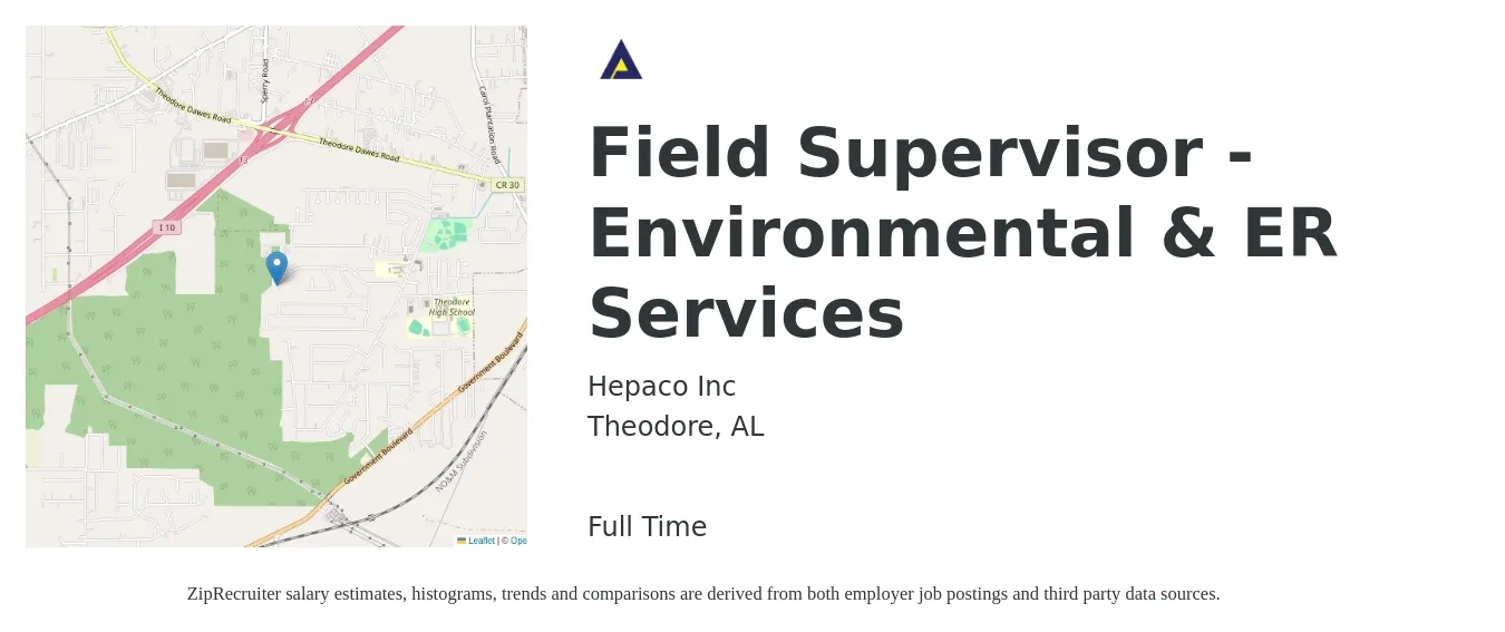 Hepaco Inc job posting for a Field Supervisor - Environmental & ER Services in Theodore, AL with a salary of $20 to $32 Hourly with a map of Theodore location.