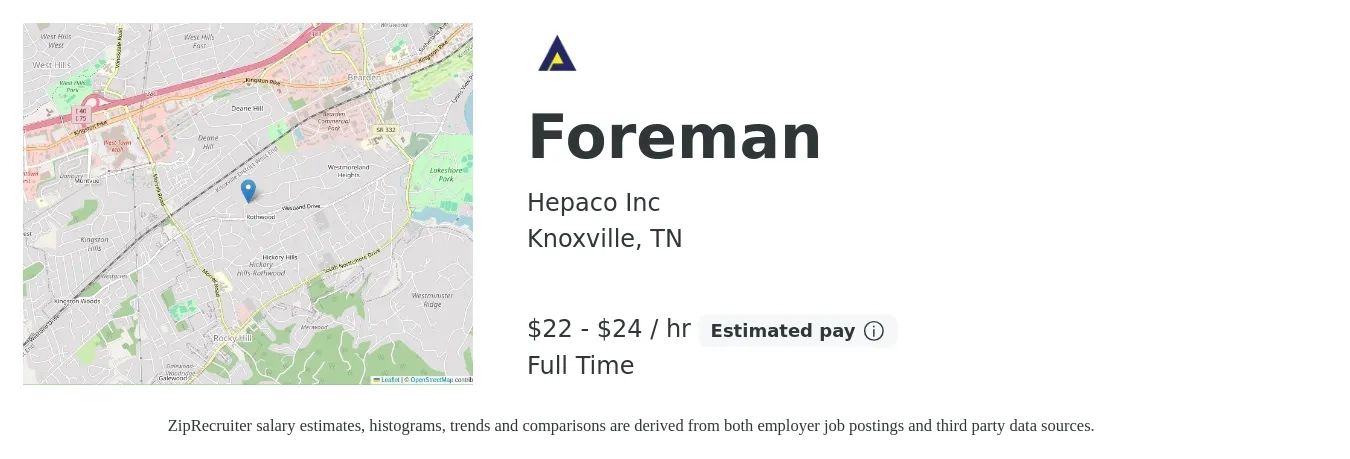 Hepaco Inc job posting for a Foreman in Knoxville, TN with a salary of $23 to $25 Hourly with a map of Knoxville location.