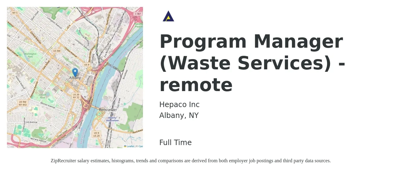 Hepaco Inc job posting for a Program Manager (Waste Services) - remote in Albany, NY with a salary of $78,900 to $131,600 Yearly with a map of Albany location.