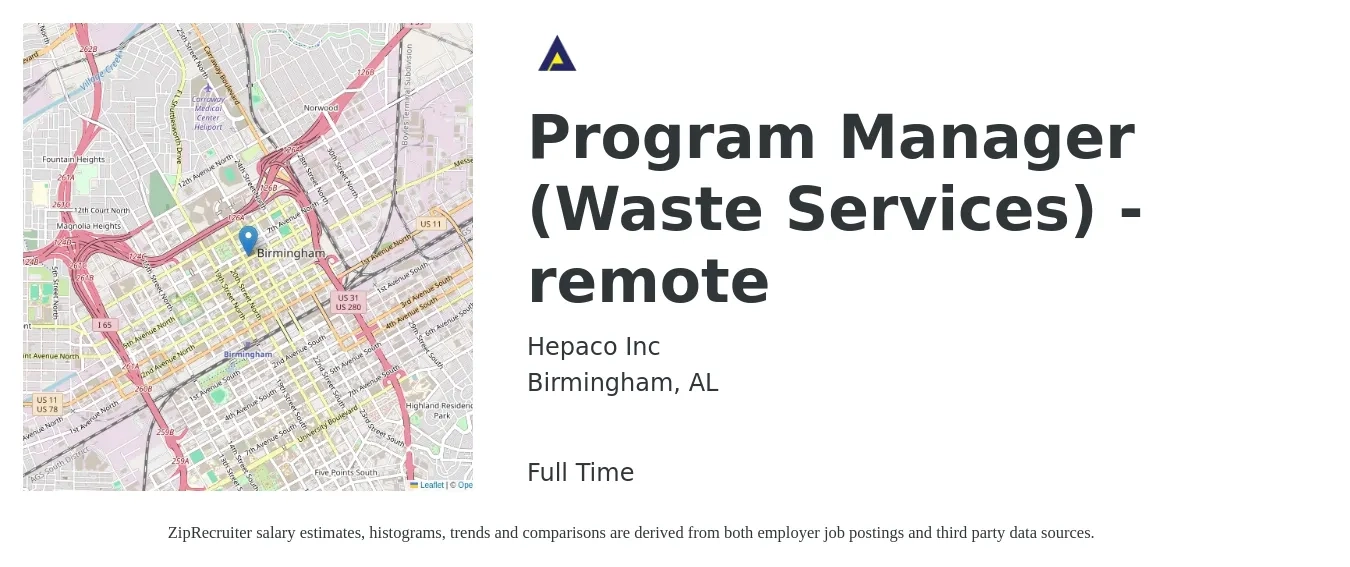 Hepaco Inc job posting for a Program Manager (Waste Services) - remote in Birmingham, AL with a salary of $74,500 to $124,200 Yearly with a map of Birmingham location.