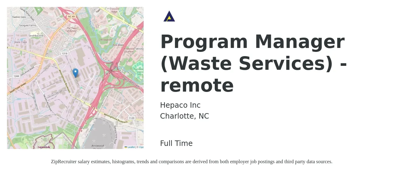 Hepaco Inc job posting for a Program Manager (Waste Services) - remote in Charlotte, NC with a salary of $72,000 to $119,900 Yearly with a map of Charlotte location.