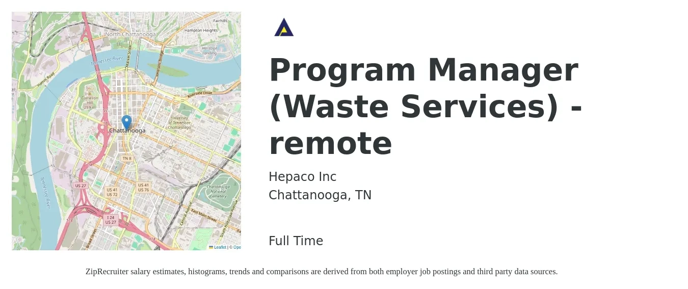 Hepaco Inc job posting for a Program Manager (Waste Services) - remote in Chattanooga, TN with a salary of $73,200 to $122,100 Yearly with a map of Chattanooga location.