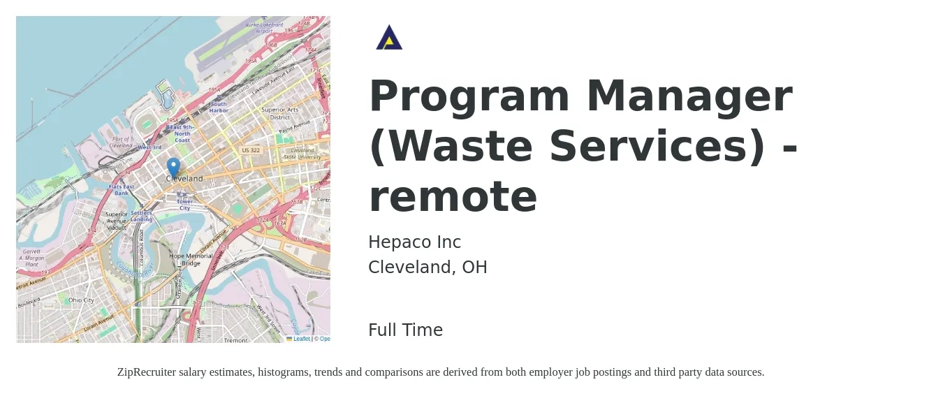 Hepaco Inc job posting for a Program Manager (Waste Services) - remote in Cleveland, OH with a salary of $77,100 to $128,500 Yearly with a map of Cleveland location.