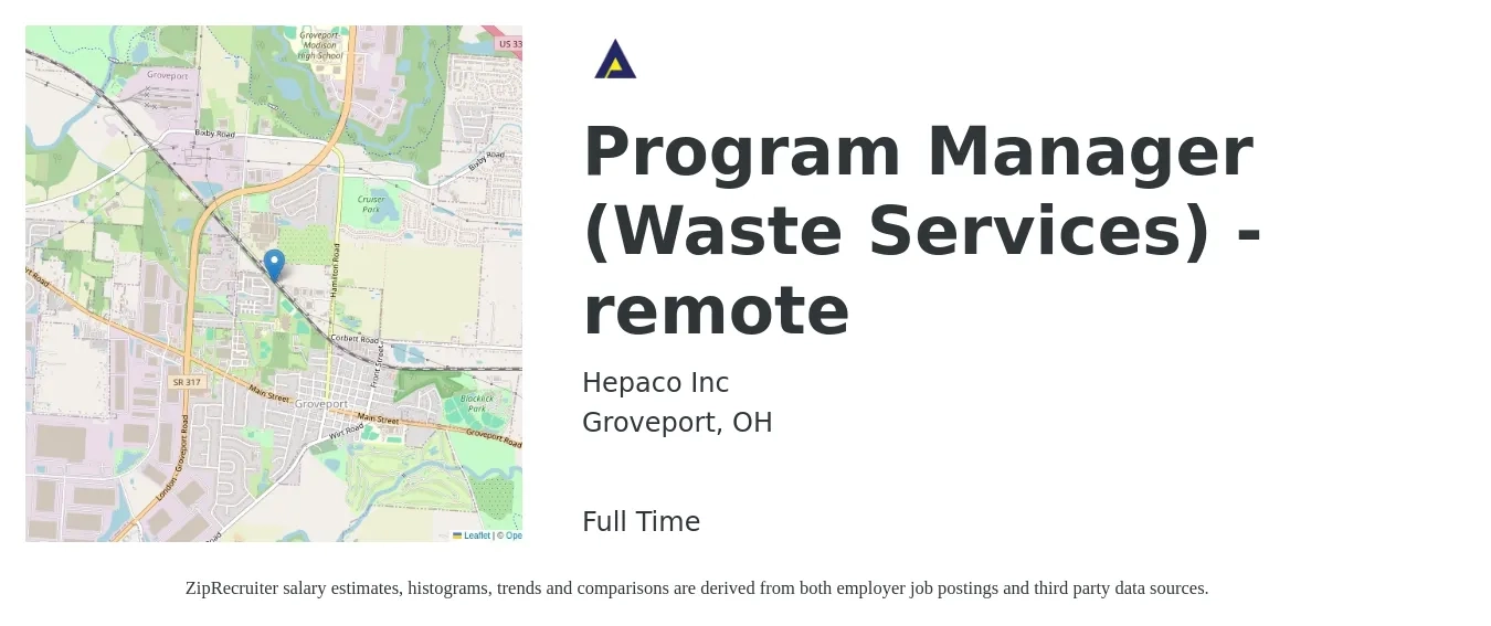 Hepaco Inc job posting for a Program Manager (Waste Services) - remote in Groveport, OH with a salary of $75,400 to $125,600 Yearly with a map of Groveport location.