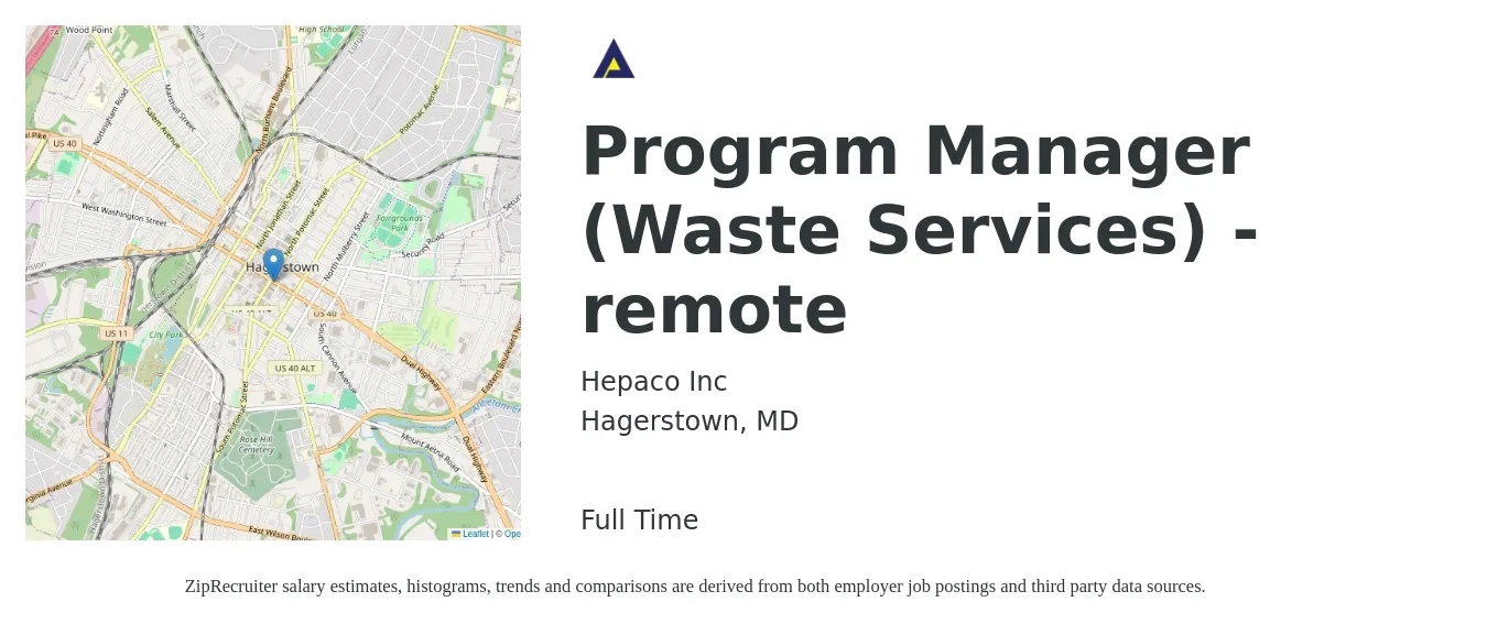 Hepaco Inc job posting for a Program Manager (Waste Services) - remote in Hagerstown, MD with a salary of $74,300 to $123,800 Yearly with a map of Hagerstown location.