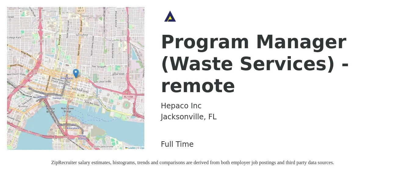 Hepaco Inc job posting for a Program Manager (Waste Services) - remote in Jacksonville, FL with a salary of $73,700 to $122,900 Yearly with a map of Jacksonville location.