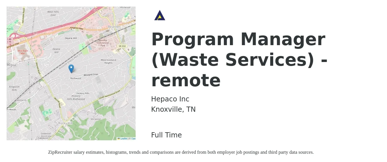 Hepaco Inc job posting for a Program Manager (Waste Services) - remote in Knoxville, TN with a salary of $66,600 to $110,900 Yearly with a map of Knoxville location.