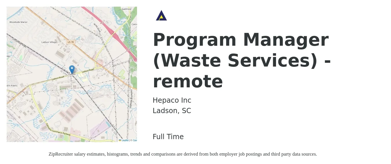 Hepaco Inc job posting for a Program Manager (Waste Services) - remote in Ladson, SC with a salary of $77,700 to $129,400 Yearly with a map of Ladson location.