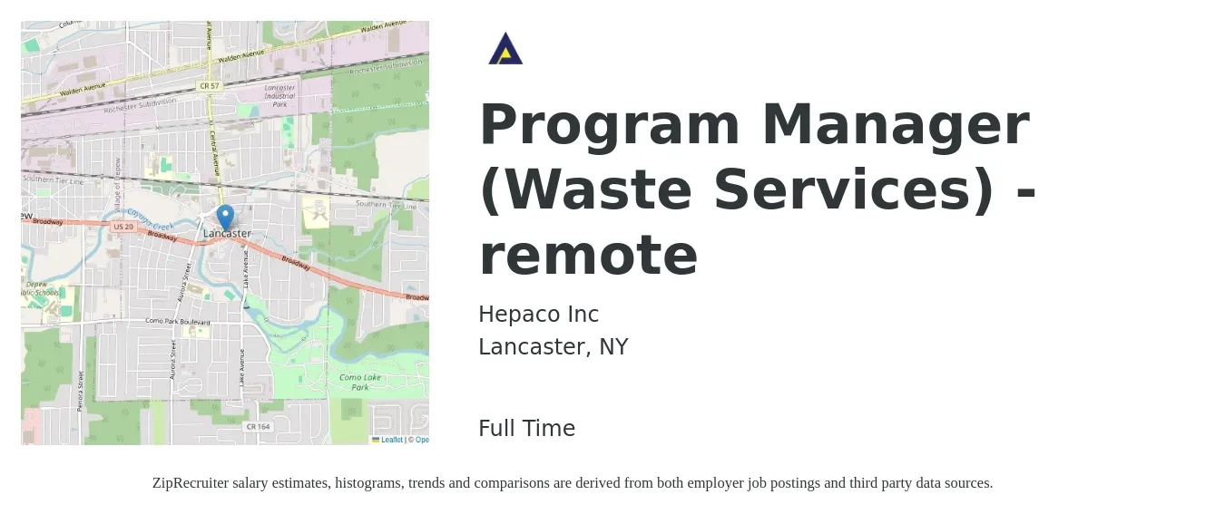 Hepaco Inc job posting for a Program Manager (Waste Services) - remote in Lancaster, NY with a salary of $76,200 to $127,000 Yearly with a map of Lancaster location.