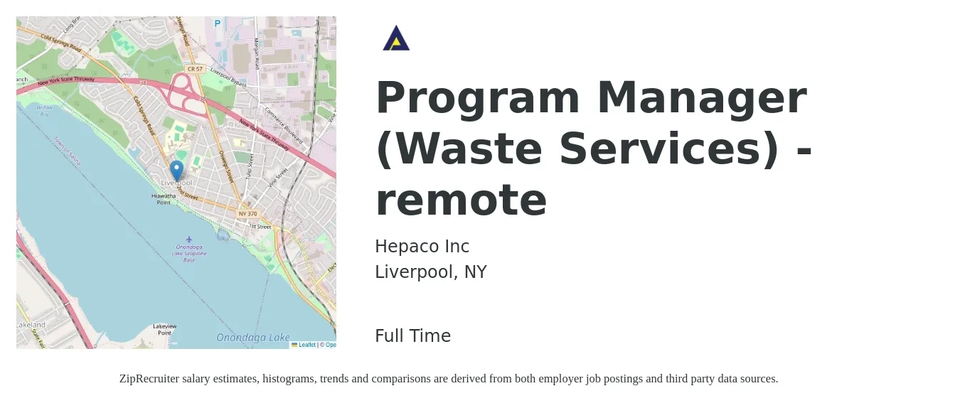 Hepaco Inc job posting for a Program Manager (Waste Services) - remote in Liverpool, NY with a salary of $76,300 to $127,200 Yearly with a map of Liverpool location.