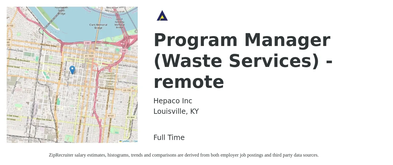 Hepaco Inc job posting for a Program Manager (Waste Services) - remote in Louisville, KY with a salary of $72,700 to $121,200 Yearly with a map of Louisville location.