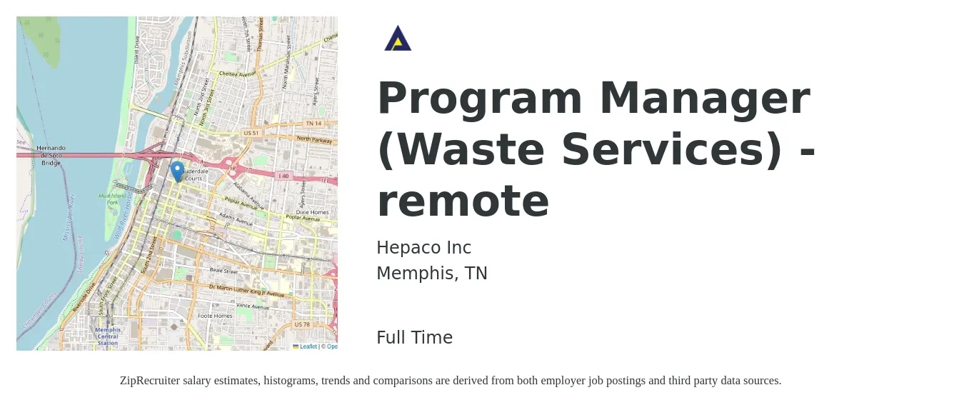 Hepaco Inc job posting for a Program Manager (Waste Services) - remote in Memphis, TN with a salary of $69,300 to $115,500 Yearly with a map of Memphis location.