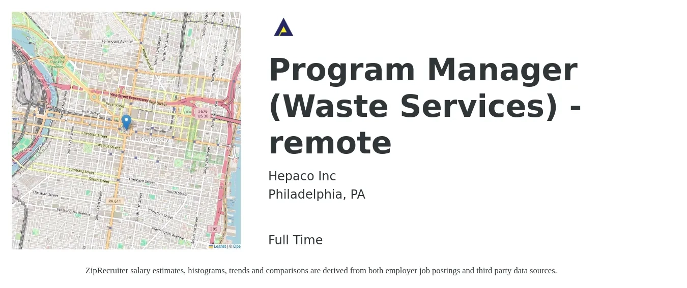 Hepaco Inc job posting for a Program Manager (Waste Services) - remote in Philadelphia, PA with a salary of $73,100 to $121,800 Yearly with a map of Philadelphia location.