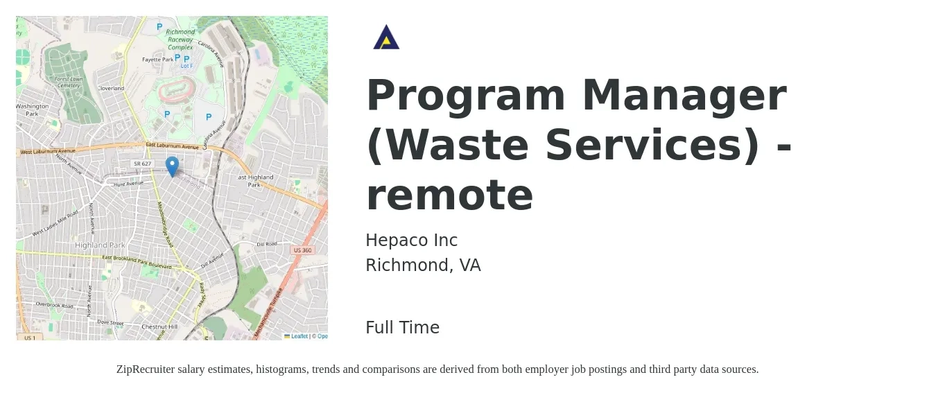 Hepaco Inc job posting for a Program Manager (Waste Services) - remote in Richmond, VA with a salary of $73,100 to $121,800 Yearly with a map of Richmond location.