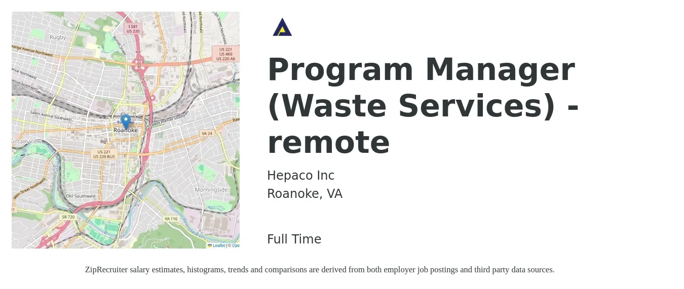 Hepaco Inc job posting for a Program Manager (Waste Services) - remote in Roanoke, VA with a salary of $78,000 to $130,000 Yearly with a map of Roanoke location.