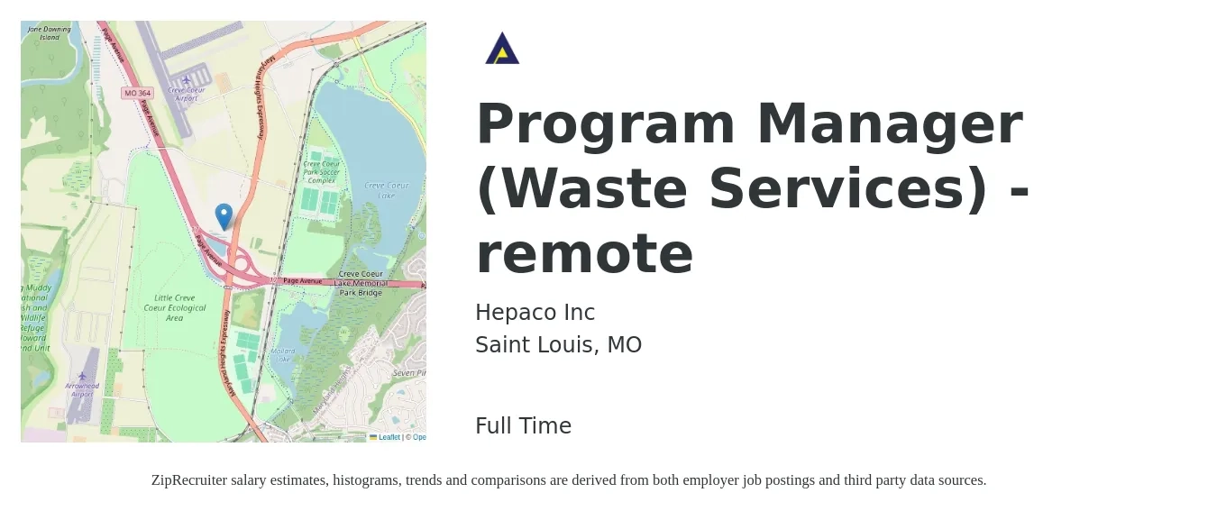 Hepaco Inc job posting for a Program Manager (Waste Services) - remote in Saint Louis, MO with a salary of $74,400 to $124,100 Yearly with a map of Saint Louis location.