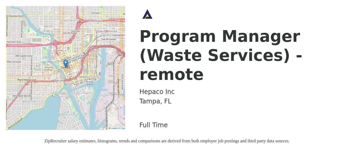Hepaco Inc job posting for a Program Manager (Waste Services) - remote in Tampa, FL with a salary of $75,100 to $125,200 Yearly with a map of Tampa location.