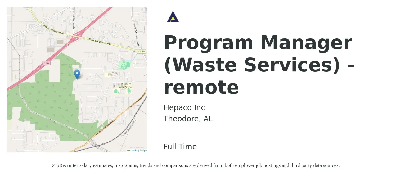 Hepaco Inc job posting for a Program Manager (Waste Services) - remote in Theodore, AL with a salary of $73,400 to $122,300 Yearly with a map of Theodore location.