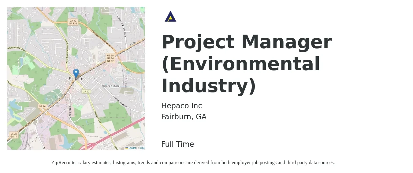 Hepaco Inc job posting for a Project Manager (Environmental Industry) in Fairburn, GA with a salary of $67,200 to $97,700 Yearly with a map of Fairburn location.