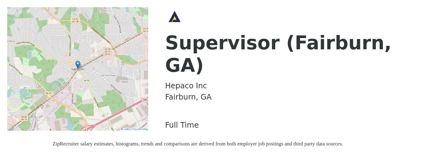 Hepaco Inc job posting for a Supervisor (Fairburn, GA) in Fairburn, GA with a salary of $113,100 to $117,000 Yearly with a map of Fairburn location.