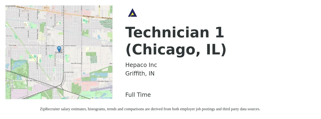 Hepaco Inc job posting for a Technician 1 (Chicago, IL) in Griffith, IN with a salary of $16 to $20 Hourly with a map of Griffith location.