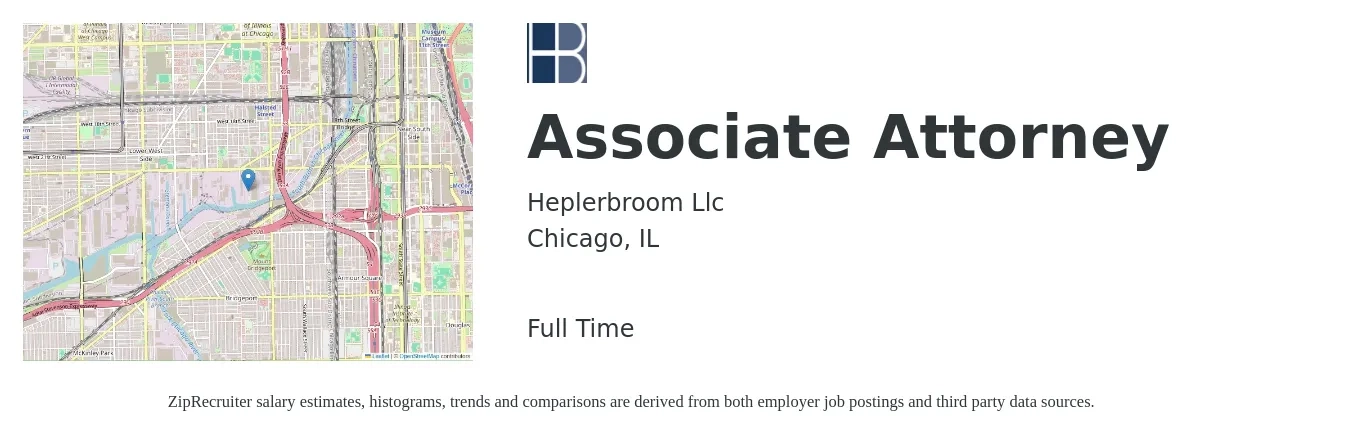 Heplerbroom Llc job posting for a Associate Attorney in Chicago, IL with a salary of $82,500 to $134,000 Yearly with a map of Chicago location.
