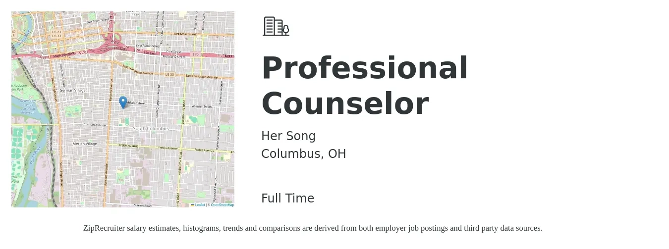 Her Song job posting for a Professional Counselor in Columbus, OH with a salary of $56,500 to $77,300 Yearly with a map of Columbus location.