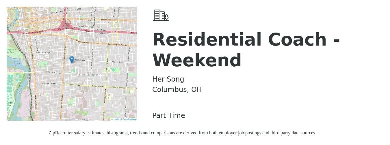 Her Song job posting for a Residential Coach - Weekend in Columbus, OH with a salary of $16 to $21 Hourly with a map of Columbus location.