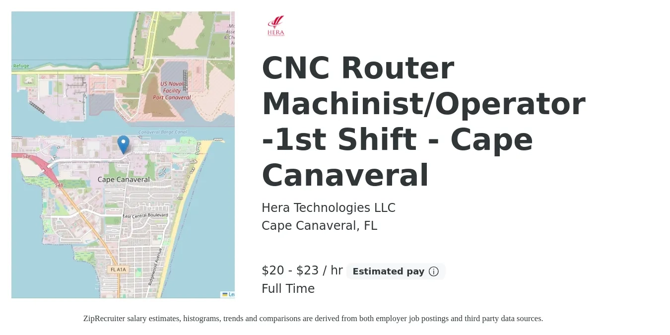 Hera Technologies LLC job posting for a CNC Router Machinist/Operator -1st Shift - Cape Canaveral in Cape Canaveral, FL with a salary of $21 to $24 Hourly with a map of Cape Canaveral location.