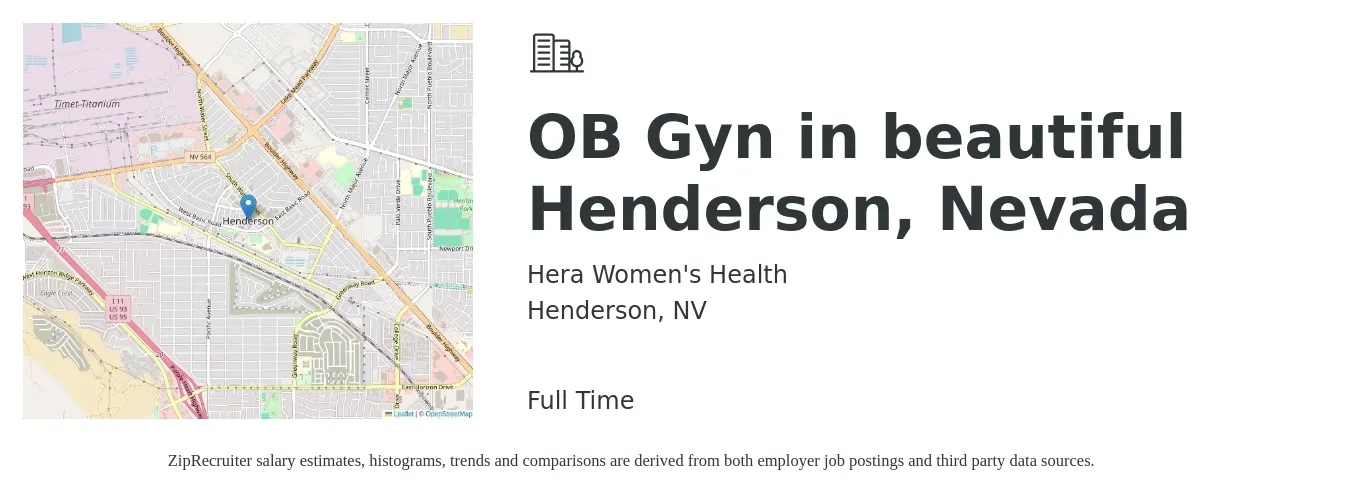 Hera Women's Health job posting for a OB Gyn in beautiful Henderson, Nevada in Henderson, NV with a salary of $236,100 to $245,900 Yearly with a map of Henderson location.