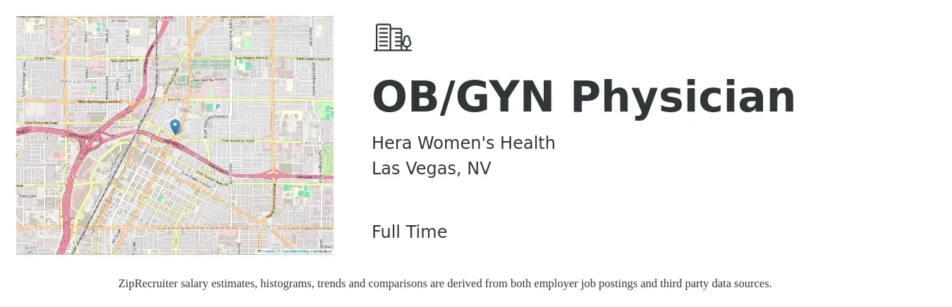 Hera Women's Health job posting for a OB/GYN Physician in Las Vegas, NV with a salary of $238,800 to $257,900 Yearly with a map of Las Vegas location.