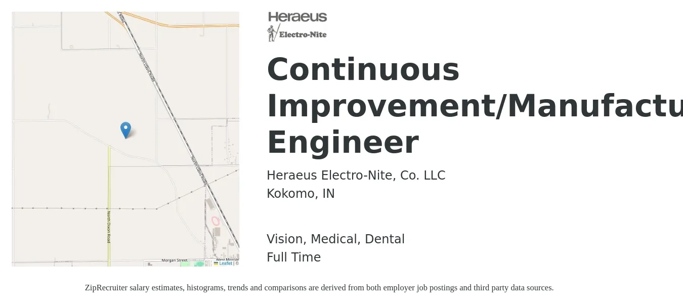 Heraeus Electro-Nite, Co. LLC job posting for a Continuous Improvement/Manufacturing Engineer in Kokomo, IN with a salary of $68,900 to $92,000 Yearly and benefits including life_insurance, medical, pto, retirement, vision, and dental with a map of Kokomo location.