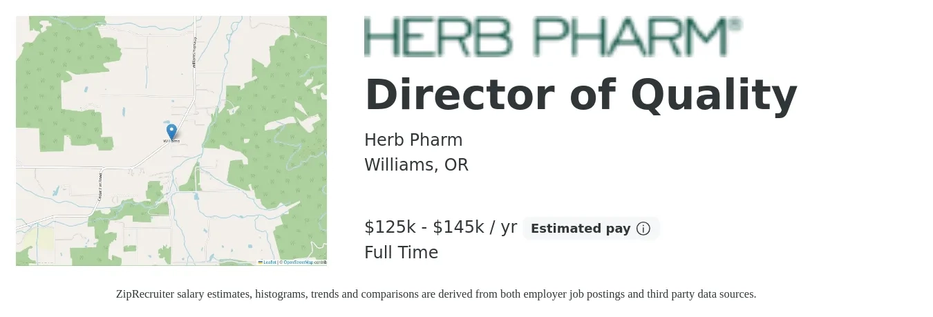Herb Pharm job posting for a Director of Quality in Williams, OR with a salary of $125,000 to $145,000 Yearly with a map of Williams location.