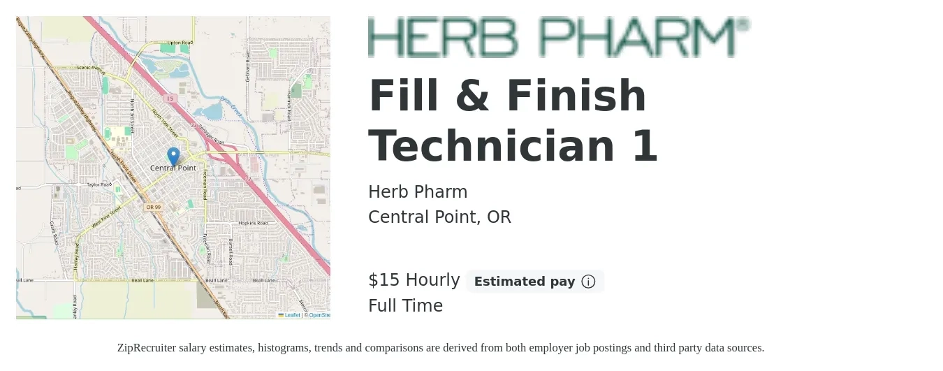 Herb Pharm job posting for a Fill & Finish Technician 1 in Central Point, OR with a salary of $16 to $18 Hourly with a map of Central Point location.