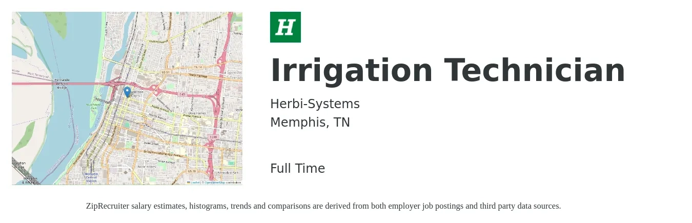 Herbi-Systems job posting for a Irrigation Technician in Memphis, TN with a salary of $20 to $25 Hourly with a map of Memphis location.