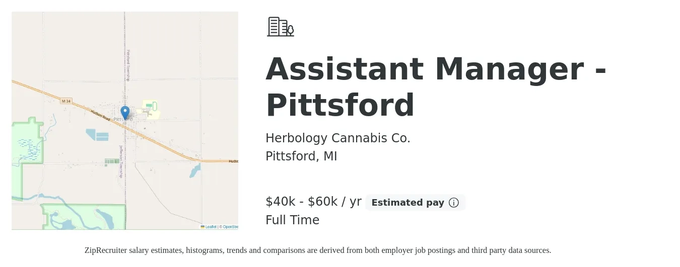Herbology Cannabis Co. job posting for a Assistant Manager - Pittsford in Pittsford, MI with a salary of $40,000 to $60,000 Yearly with a map of Pittsford location.