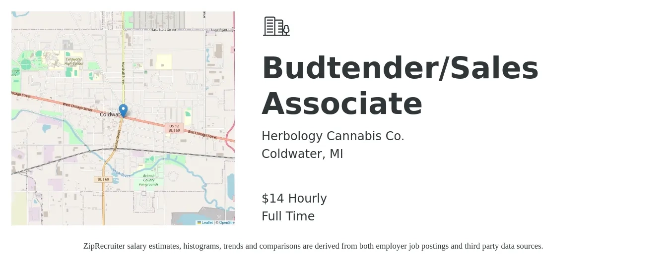 Herbology Cannabis Co. job posting for a Budtender/Sales Associate in Coldwater, MI with a salary of $15 to $25 Hourly with a map of Coldwater location.