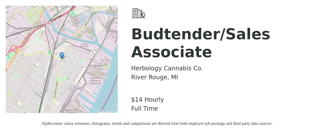 Herbology Cannabis Co. job posting for a Budtender/Sales Associate in River Rouge, MI with a salary of $15 to $20 Hourly with a map of River Rouge location.
