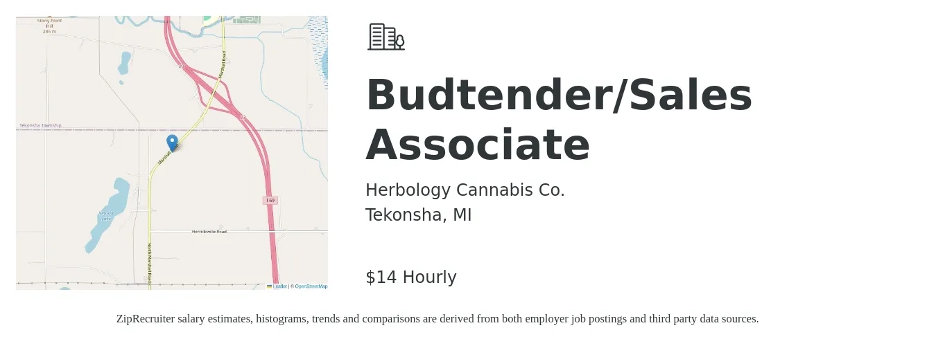 Herbology Cannabis Co. job posting for a Budtender/Sales Associate in Tekonsha, MI with a salary of $15 Hourly with a map of Tekonsha location.