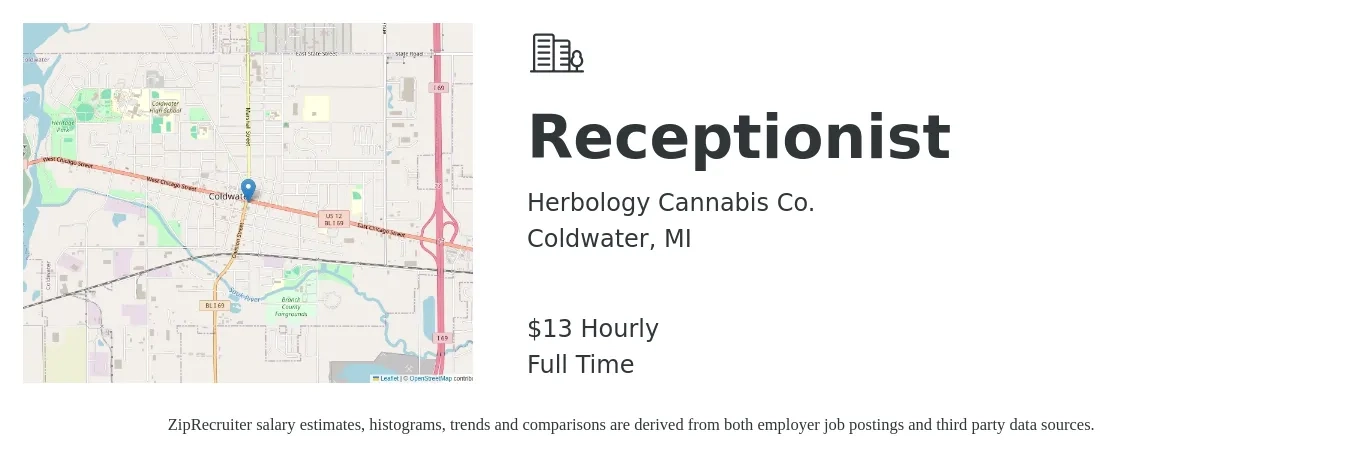 Herbology Cannabis Co. job posting for a Receptionist in Coldwater, MI with a salary of $14 Hourly with a map of Coldwater location.