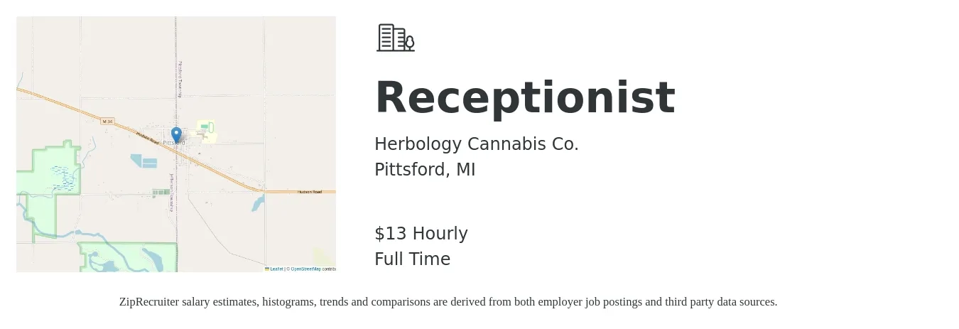 Herbology Cannabis Co. job posting for a Receptionist in Pittsford, MI with a salary of $14 Hourly with a map of Pittsford location.