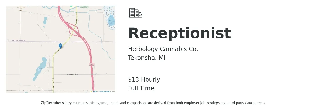 Herbology Cannabis Co. job posting for a Receptionist in Tekonsha, MI with a salary of $14 Hourly with a map of Tekonsha location.