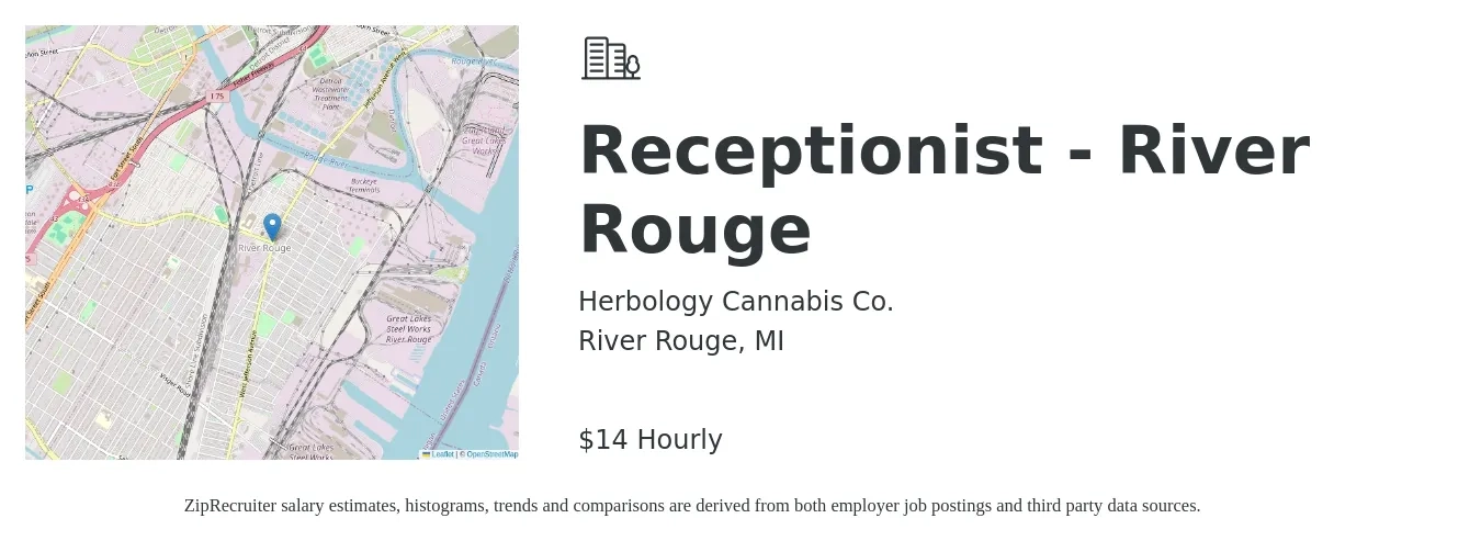 Herbology Cannabis Co. job posting for a Receptionist - River Rouge in River Rouge, MI with a salary of $15 Hourly with a map of River Rouge location.