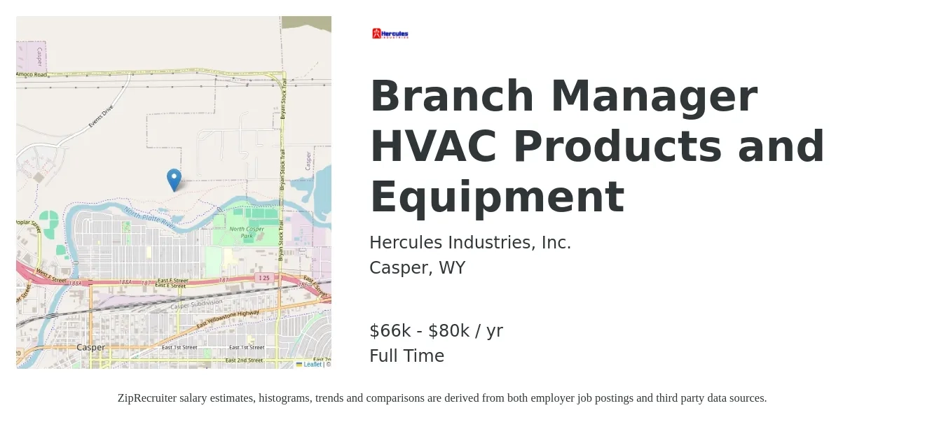 Hercules Industries, Inc. job posting for a Branch Manager HVAC Products and Equipment in Casper, WY with a salary of $66,000 to $80,000 Yearly with a map of Casper location.
