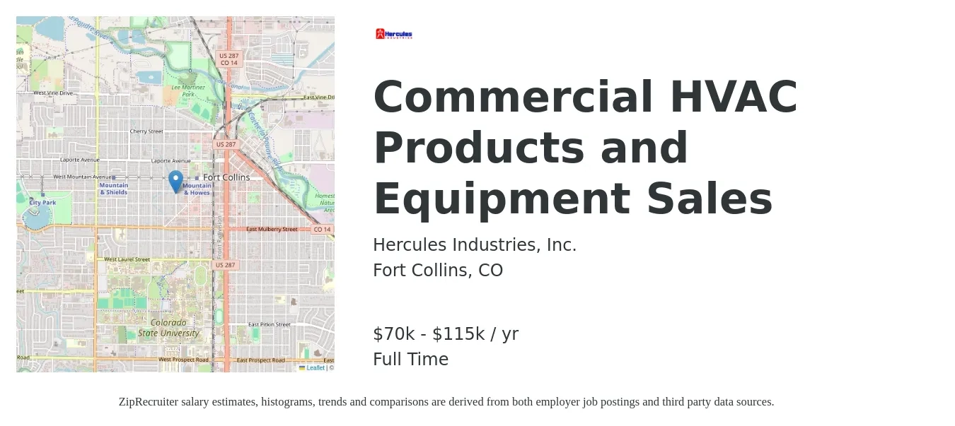 Hercules Industries, Inc. job posting for a Commercial HVAC Products and Equipment Sales in Fort Collins, CO with a salary of $65,000 to $95,000 Yearly with a map of Fort Collins location.