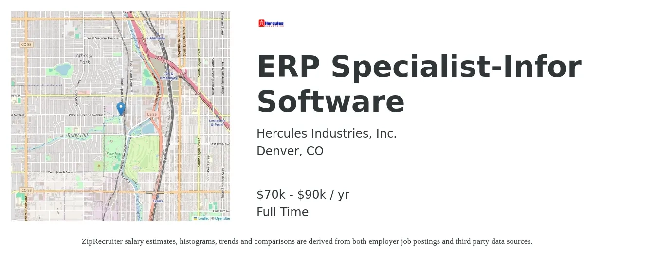 Hercules Industries, Inc. job posting for a ERP Specialist-Infor Software in Denver, CO with a salary of $70,000 to $90,000 Yearly with a map of Denver location.