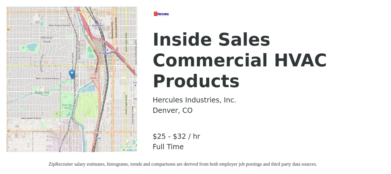 Hercules Industries, Inc. job posting for a Inside Sales Commercial HVAC Products in Denver, CO with a salary of $24 to $34 Hourly with a map of Denver location.