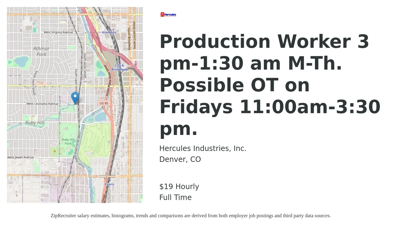 Hercules Industries, Inc. job posting for a Production Worker 3 pm-1:30 am M-Th. Possible OT on Fridays 11:00am-3:30 pm. in Denver, CO with a salary of $21 Hourly with a map of Denver location.