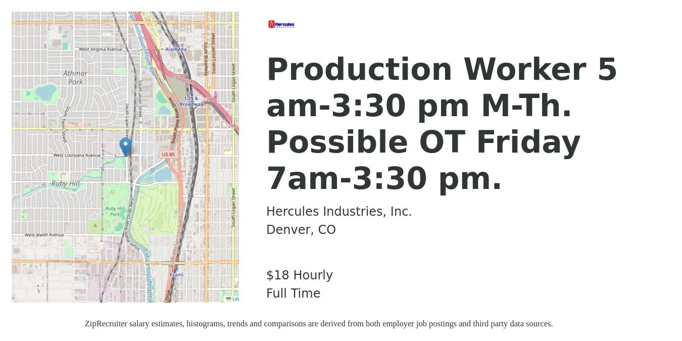 Hercules Industries, Inc. job posting for a Production Worker 5 am-3:30 pm M-Th. Possible OT Friday 7am-3:30 pm. in Denver, CO with a salary of $20 Hourly with a map of Denver location.