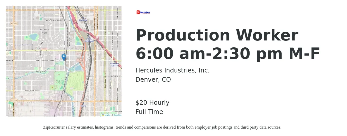 Hercules Industries, Inc. job posting for a Production Worker 6:00 am-2:30 pm M-F in Denver, CO with a salary of $22 Hourly with a map of Denver location.